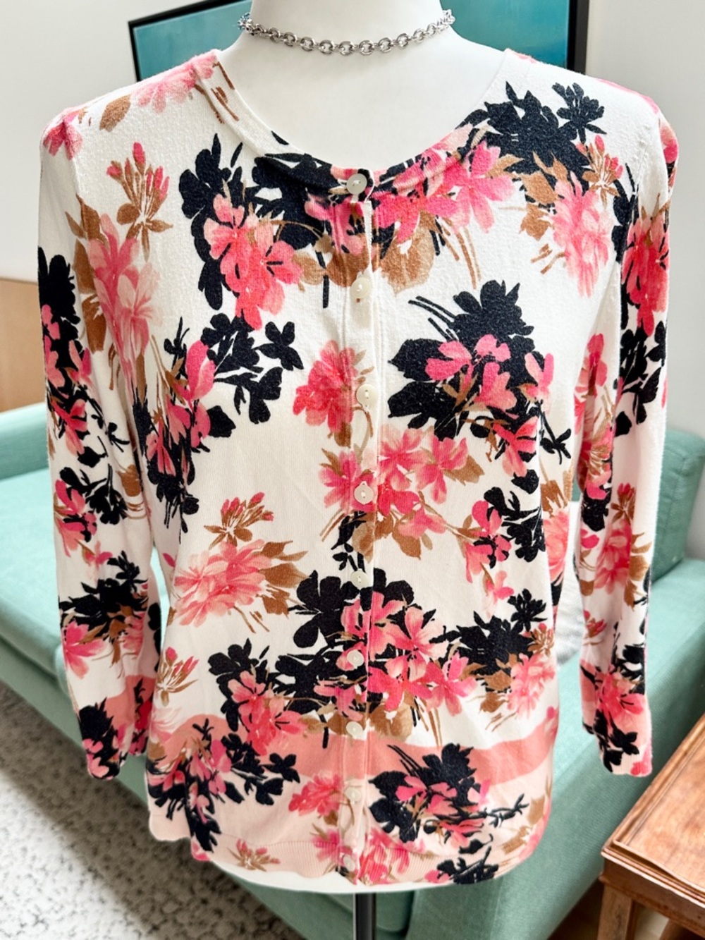 Talbots Floral Cardigan | Women’s Size LP | 60% Cotton Rayon Blend | Pink Black